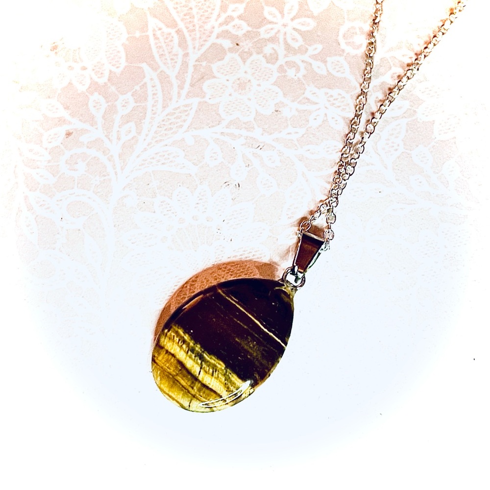 New 925 Sterling Silver Brown Black Tigers Eye Stone Water Drop Necklace - Picture 10 of 14